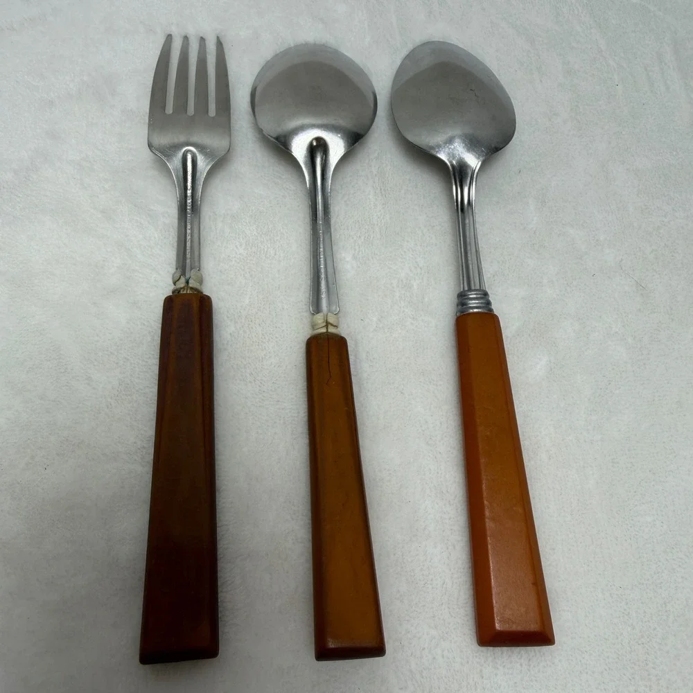 Vintage Butterscotch Handle Utensil Set 3pc Stainless USA Mid Century Modern MCM